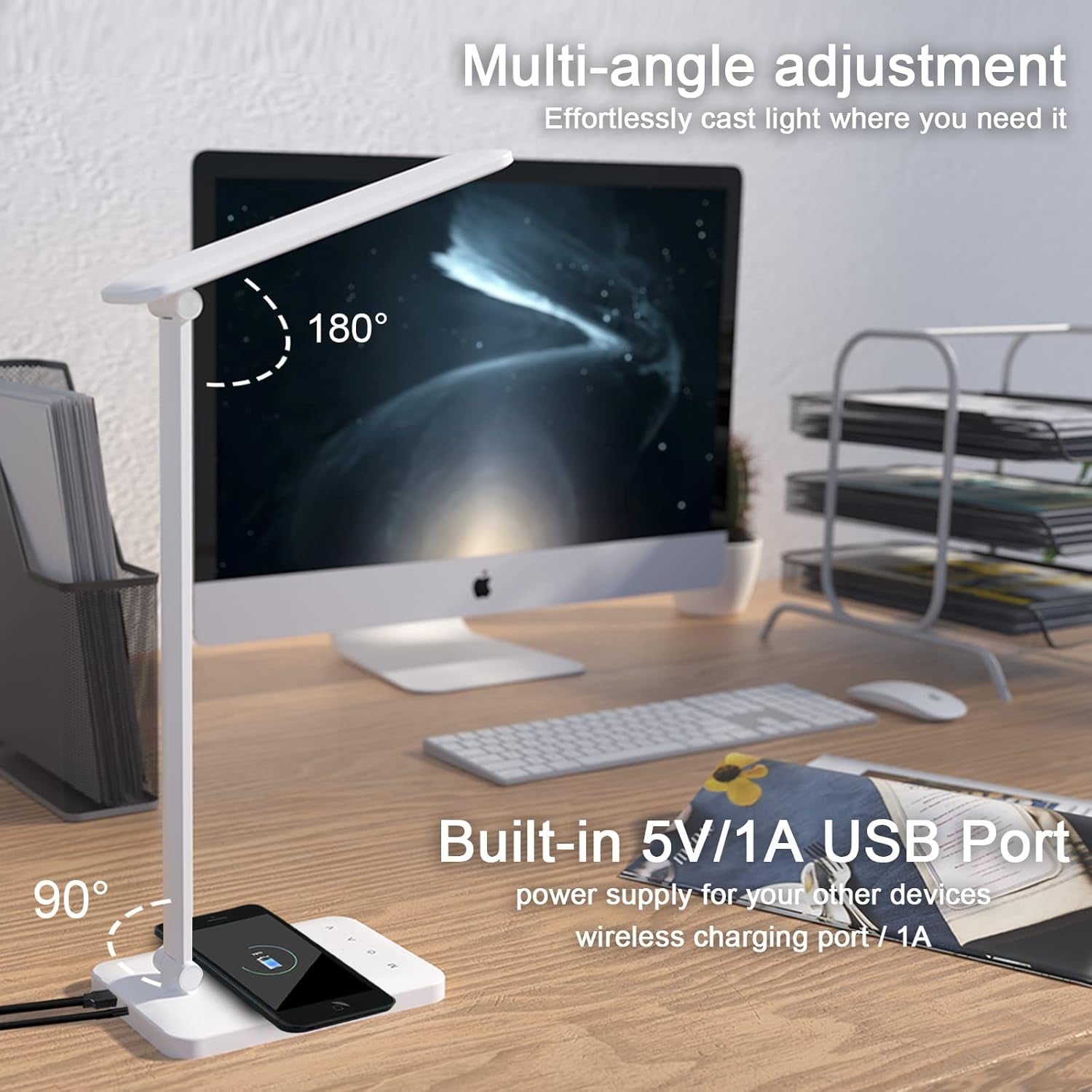 LED Desk Lamp with Wireless Charging, Eye-Caring Table Lamp USB Charging Port, 3Lighting Modes 5Brightness Levels with Memory Function, Touch Control Adjustable Lamp15W Office, Reading, Study