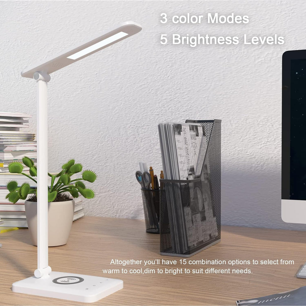 LED Desk Lamp with Wireless Charging, Eye-Caring Table Lamp USB Charging Port, 3Lighting Modes 5Brightness Levels with Memory Function, Touch Control Adjustable Lamp15W Office, Reading, Study