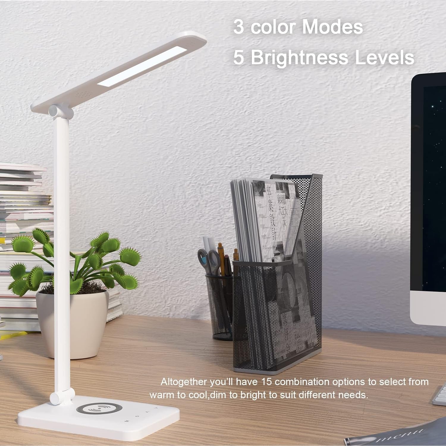 LED Desk Lamp with Wireless Charging, Eye-Caring Table Lamp USB Charging Port, 3Lighting Modes 5Brightness Levels with Memory Function, Touch Control Adjustable Lamp15W Office, Reading, Study